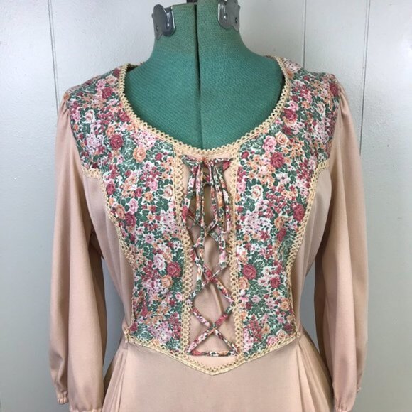 Vintage 70's Pink Prairie Dress Boho Cottagecore Granny Core - Picture 5 of 16